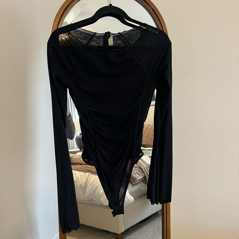 Free People Black Long Sleeve Bodysuit (Sheer)